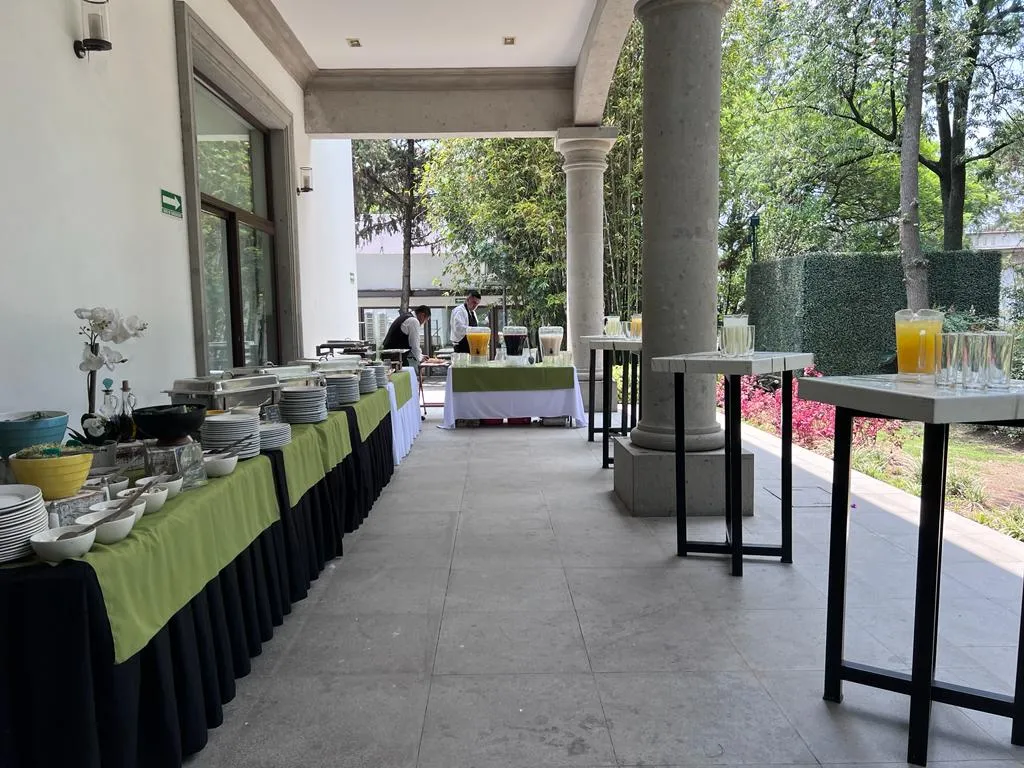 Servicio de catering en terraza con estaciones de bebidas naturales y línea de buffet para eventos sociales.